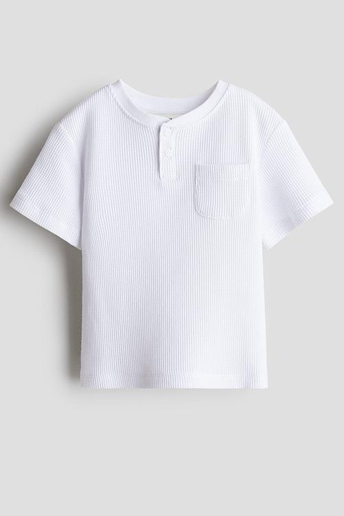 Waffled henley top - white