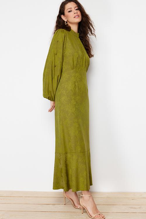 Maxi A line High Neck Woven Dress - Khaki