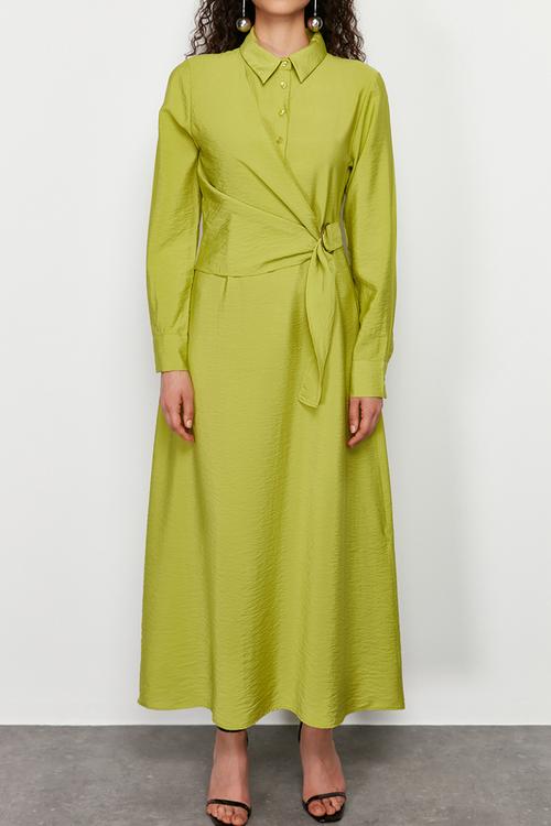 Maxi Woven Waist Tie Dress - Green