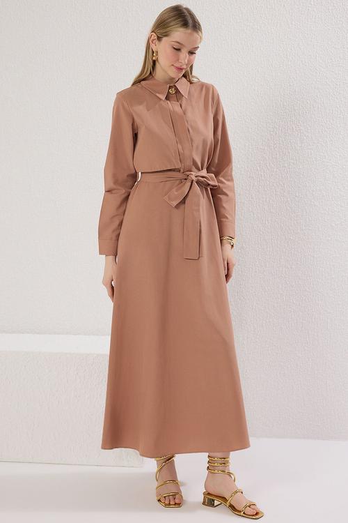 Maxi Self Cloth Belted Woven Dress - Brown