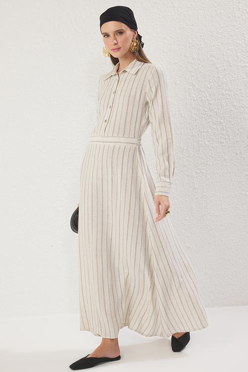 Maxi Woven Striped  Dress - Beige