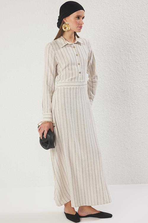 Maxi Woven Striped  Dress - Beige