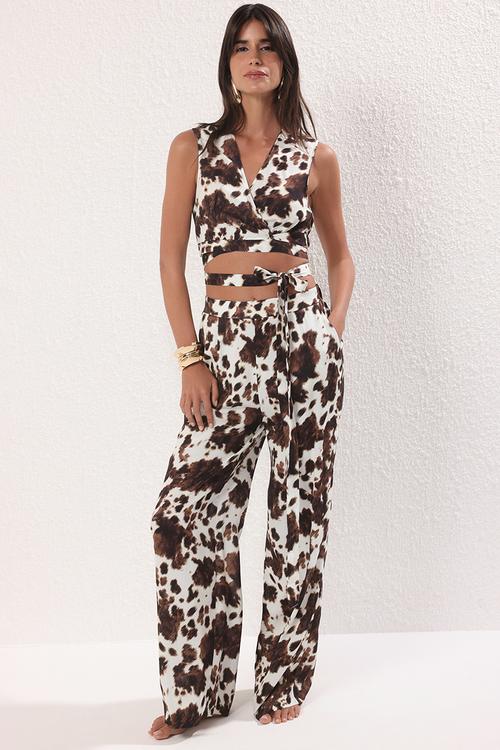 Cow Print V-Neck Lacing Detail Beach Blouse Pants Suit Set - Brown