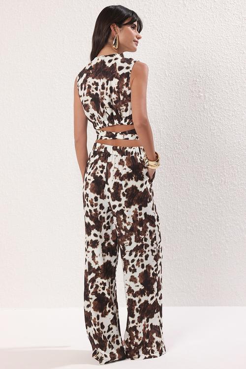 Cow Print V-Neck Lacing Detail Beach Blouse Pants Suit Set - Brown
