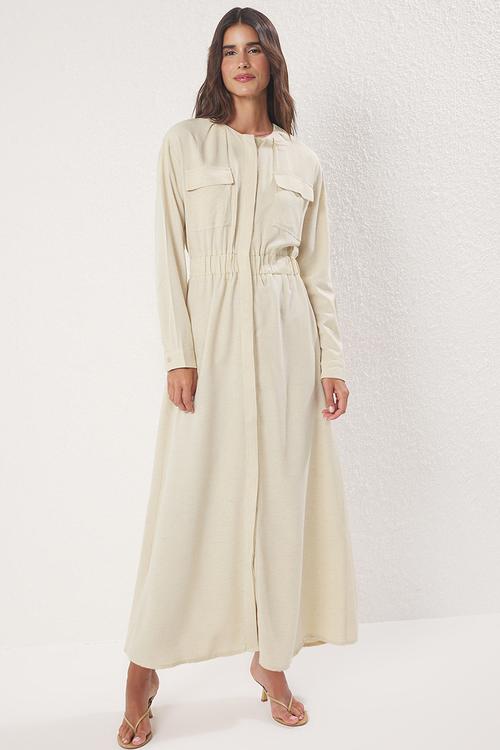Maxi A line Woven Dress with Patch Pocket - Beige