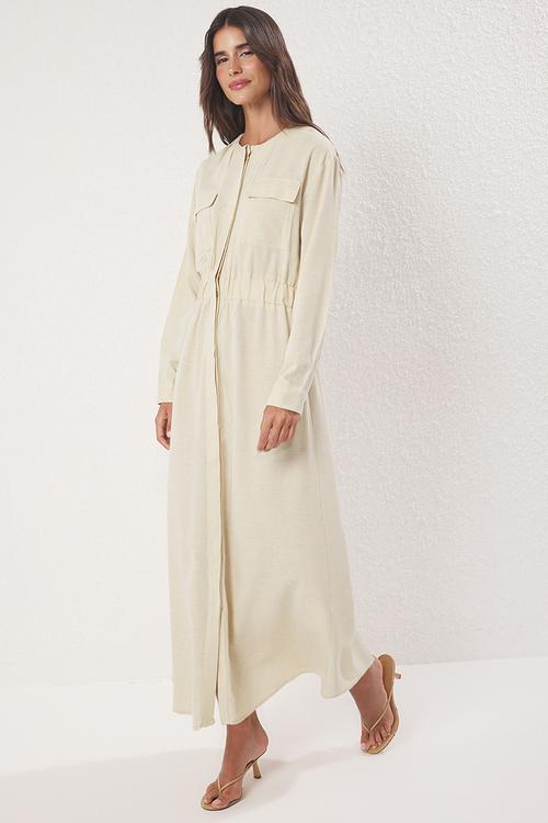 Maxi A line Woven Dress with Patch Pocket - Beige
