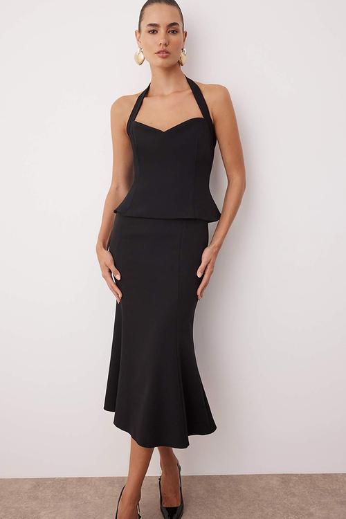 Midi Woven Sweetheart  Dress - Black