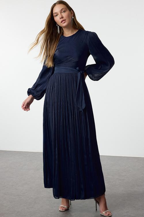Maxi A line Pleated Woven Dress - Navy
