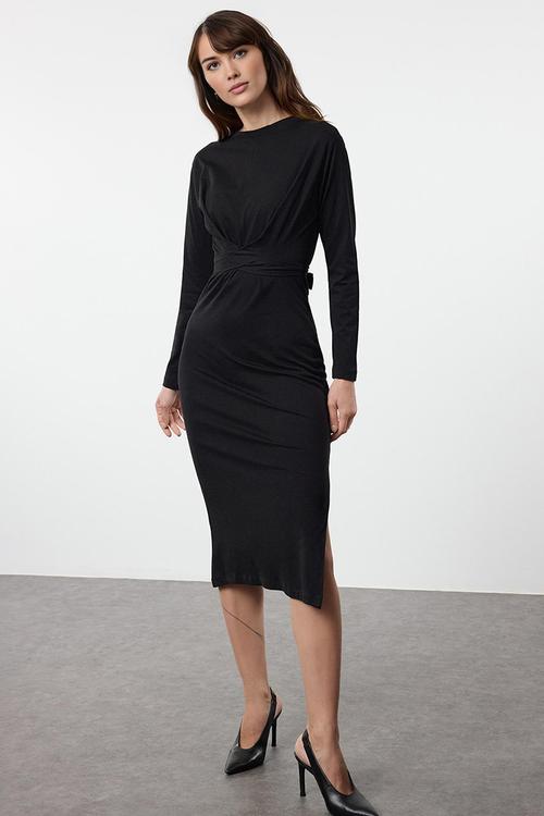 Midi Pencil Knit Back Tie Belt Dress - Black