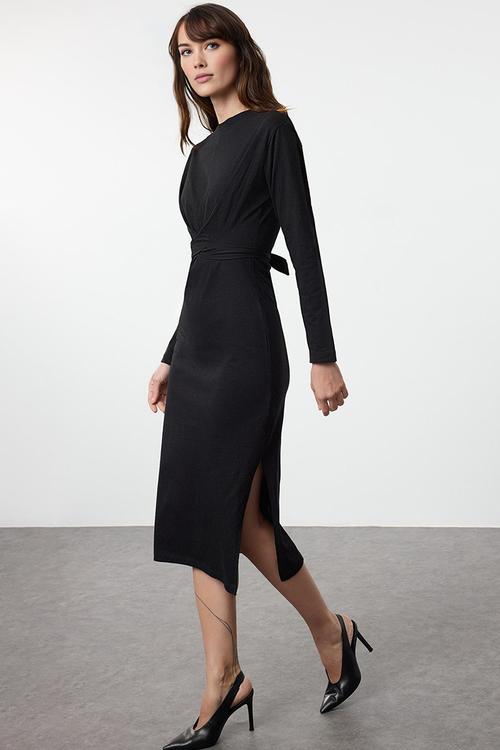 Midi Pencil Knit Back Tie Belt Dress - Black