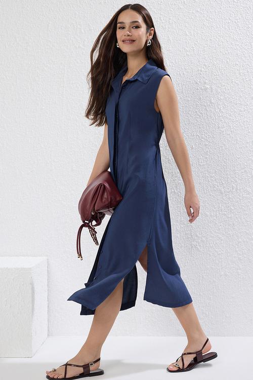 Midi Shirt Dress Woven Dress - Navy Blue