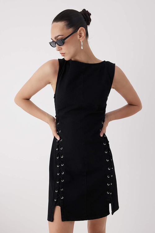 Mini Straight Cut Denim Dress - Black