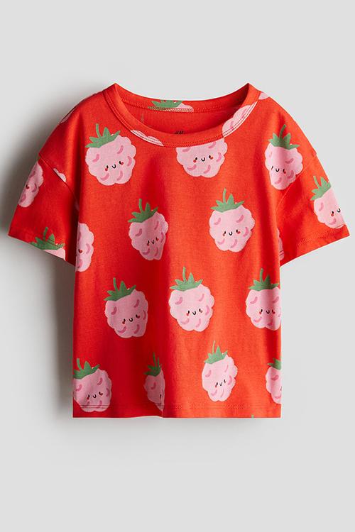 Printed jersey top - bright red raspberries