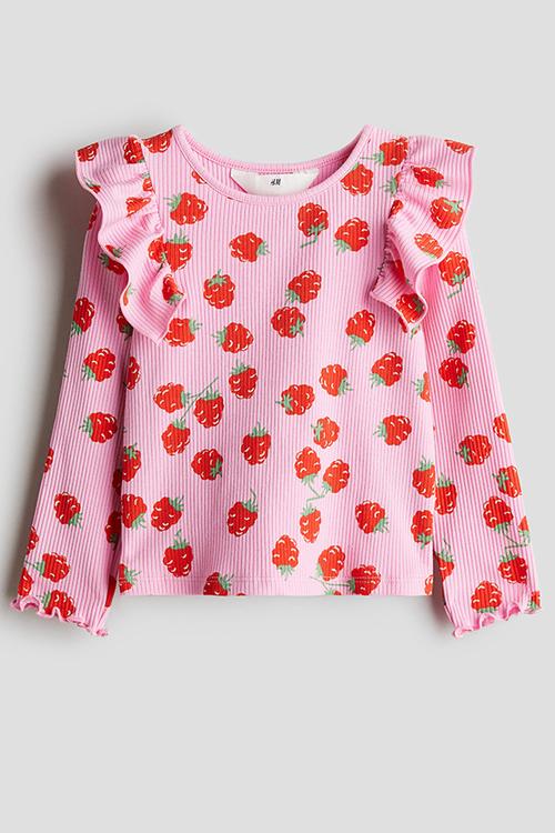 Flounced cotton jersey top - pink raspberries 