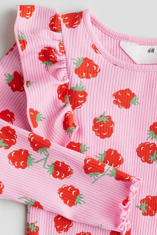 Flounced cotton jersey top - pink raspberries 
