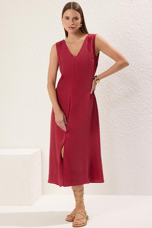 Midi Aline Woven V Neck  Dress - Burgundy