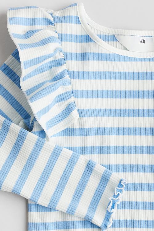 Flounced cotton jersey top - light blue striped