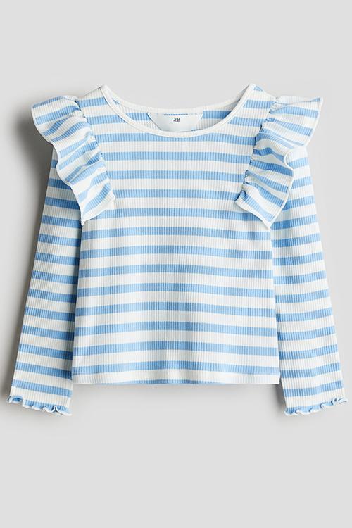 Flounced cotton jersey top - light blue striped