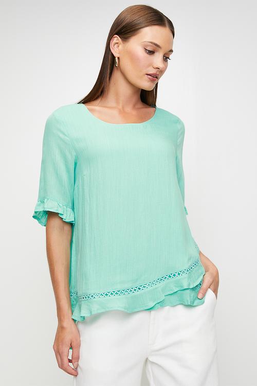 Short Sleeve Flutter Easywearing Blouse With Lader Lace Detail - Spearmint