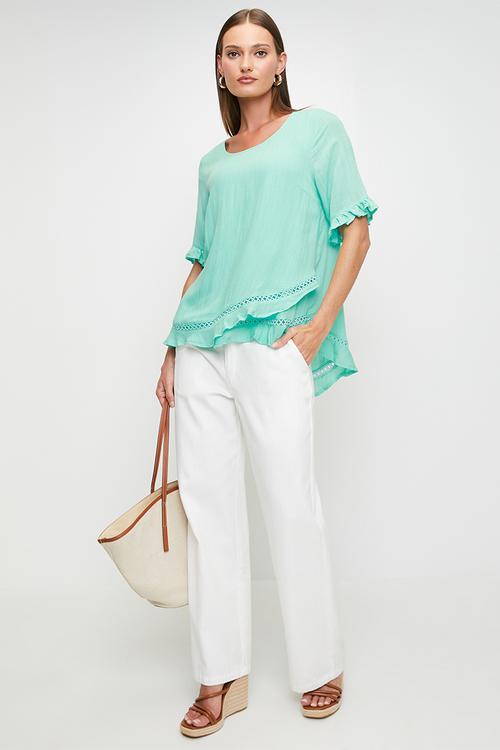 Short Sleeve Flutter Easywearing Blouse With Lader Lace Detail - Spearmint