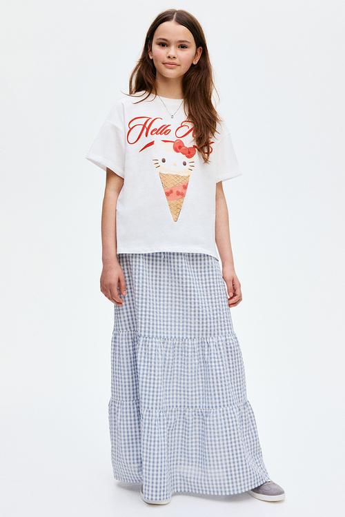 Tiered cotton skirt - light blue/gingham check