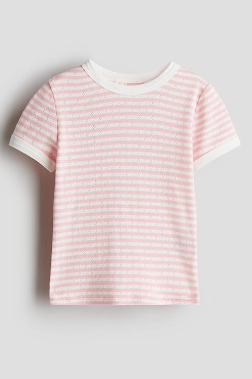 Short-sleeved pointelle jersey top - light pink striped