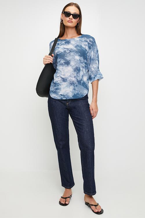 Half Sleeve Flutter Easy Wearing Boat Neck Sheer Blouse - Blue