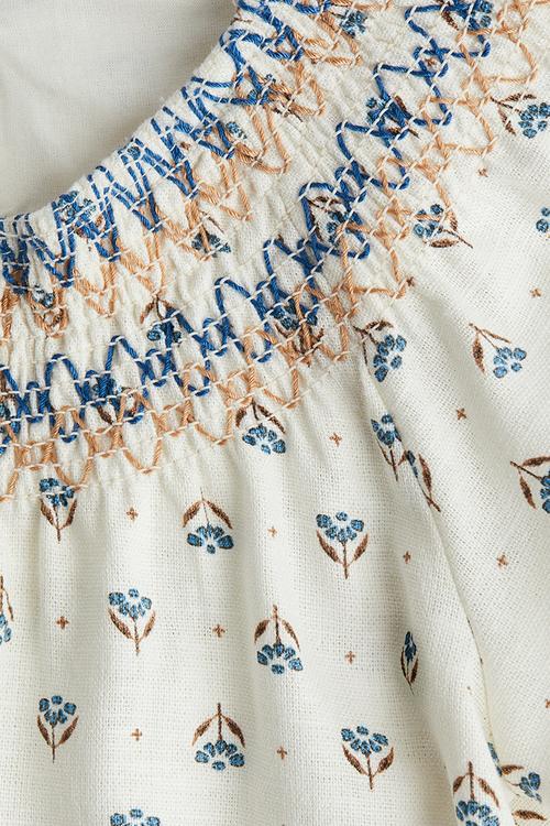 Smock-detail a-line dress - cream/floral 
