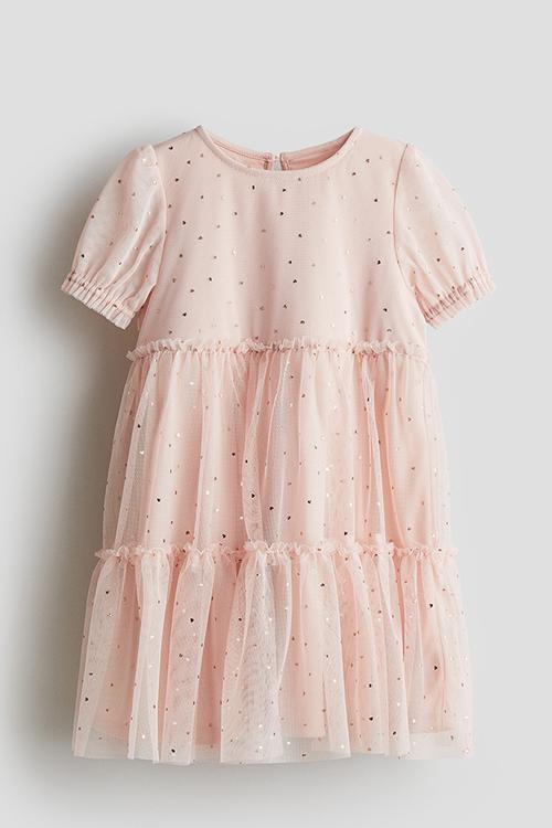 Foil-print tulle dress - pink/hearts 