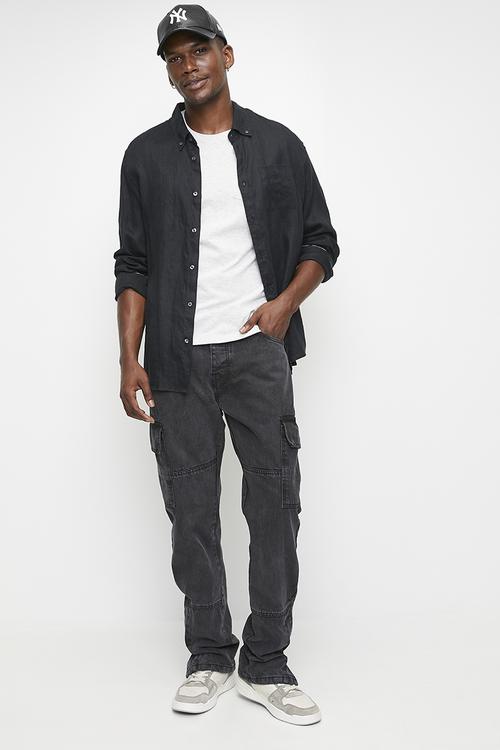 Loose Fit Cargo Denim Jean Cargo - Charcoal Wash Long Length