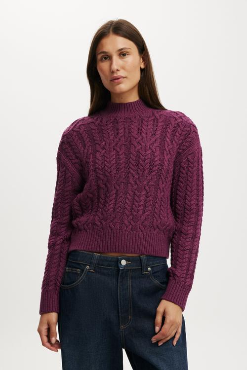 Extended neck cable knit - fig noir
