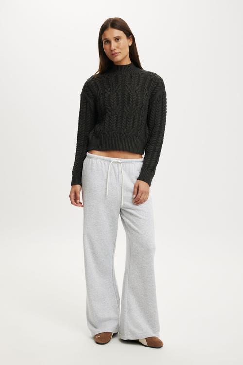 Extended neck cable knit - charcoal marle