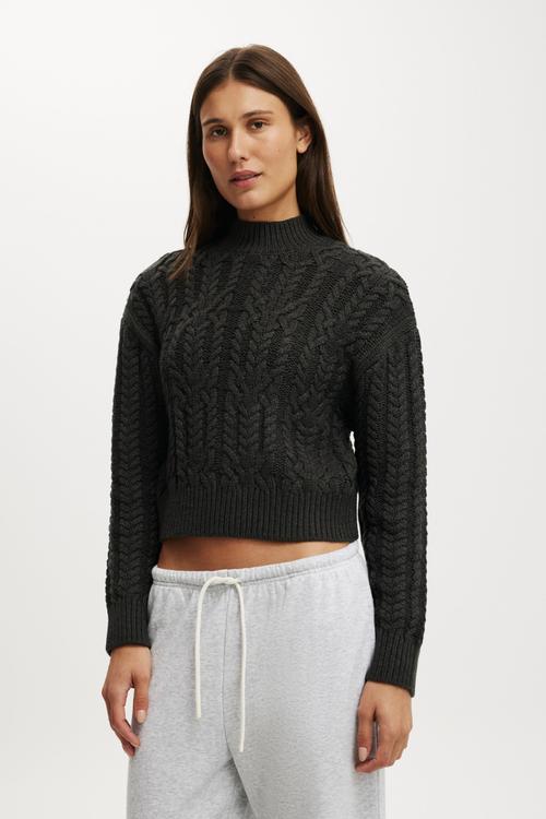 Extended neck cable knit - charcoal marle