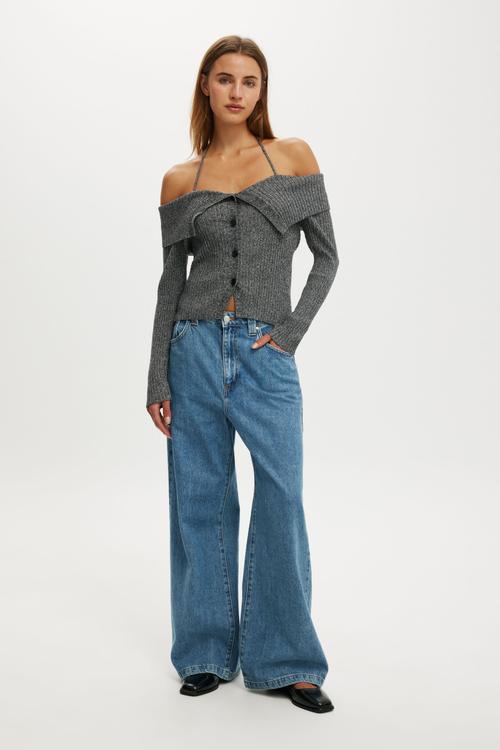 Button down off shoulder knit - black twist