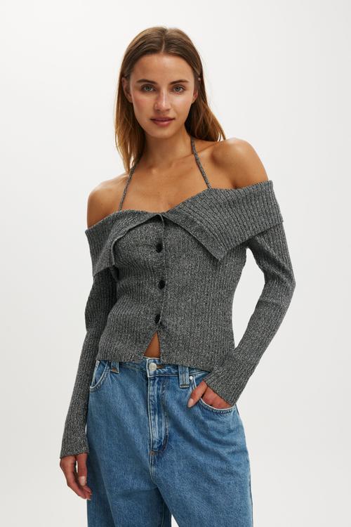 Button down off shoulder knit - black twist