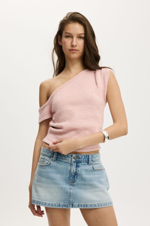 Textured asym neck knit - pale pink sparkle