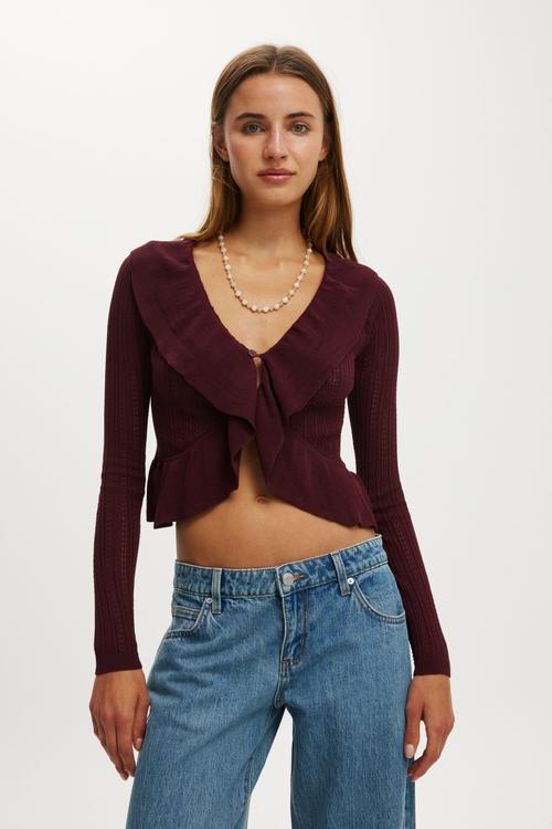 Ruffle knit cardi - sour cherry
