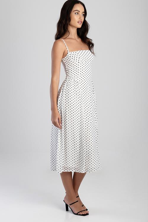 One Of A Kind Midi Dress With An Underbust Cutline And Gauging - Off White