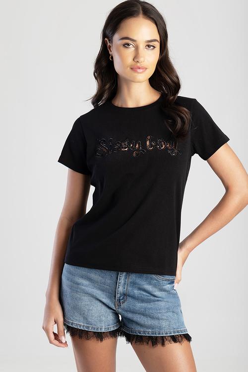 Next Chapter Regular Tshirt With Lace Cutout Logo - Black