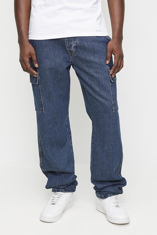 Wide Leg Denim Jean Cargo Pockets - Mid Blue Wash Long Length