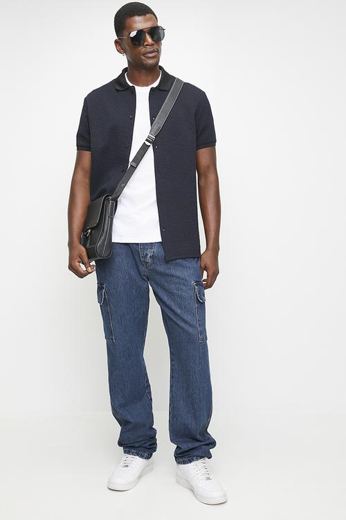 Wide Leg Denim Jean Cargo Pockets - Mid Blue Wash Long Length