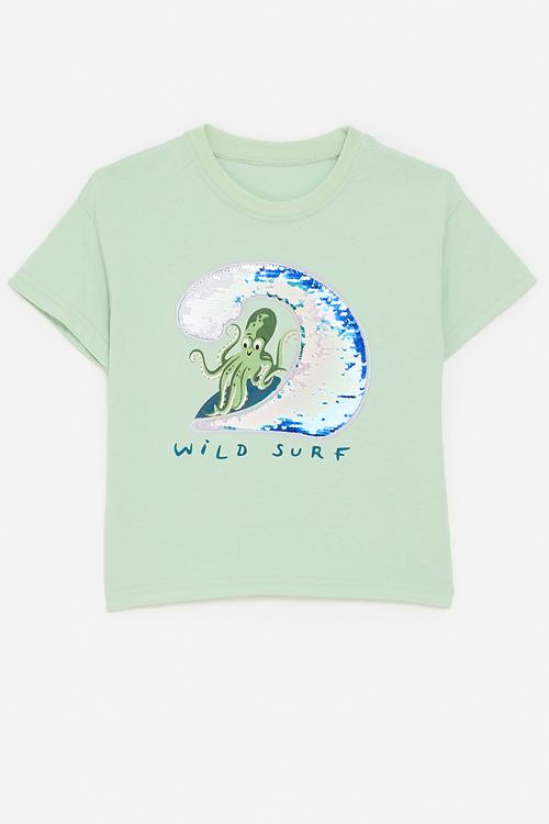 Sequinned graphic tee - tea green/octopus
