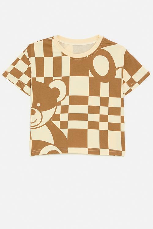 Checker board print tee - beige/brown/bear