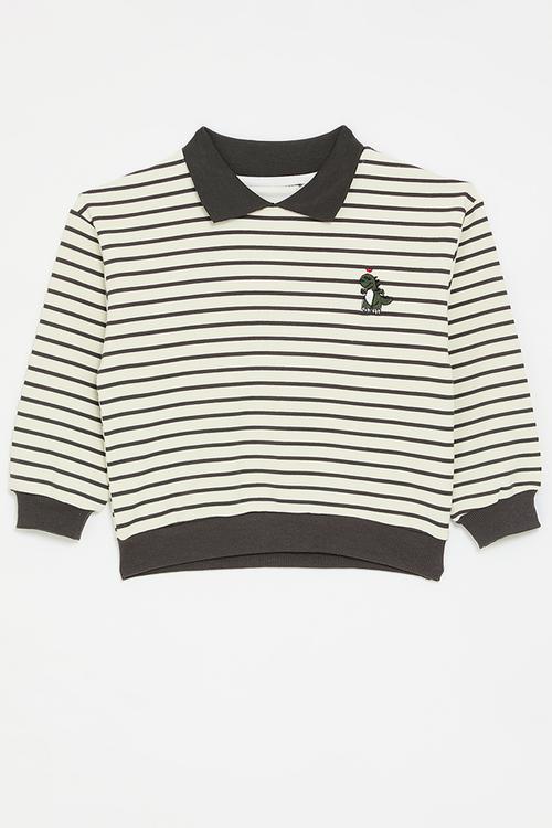 Collared sweat top - grey stripe/black