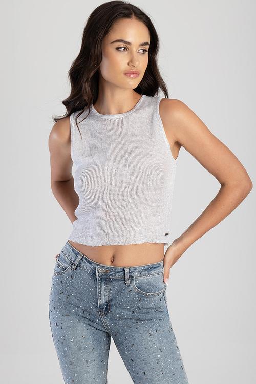 Far Away Sleeveless Sheer Lurex Knit Top - Silver
