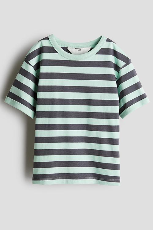Printed cotton T-shirt - turquoise striped