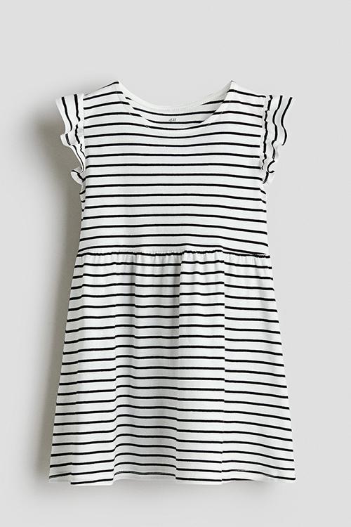 Printed cotton dress - white & black striped