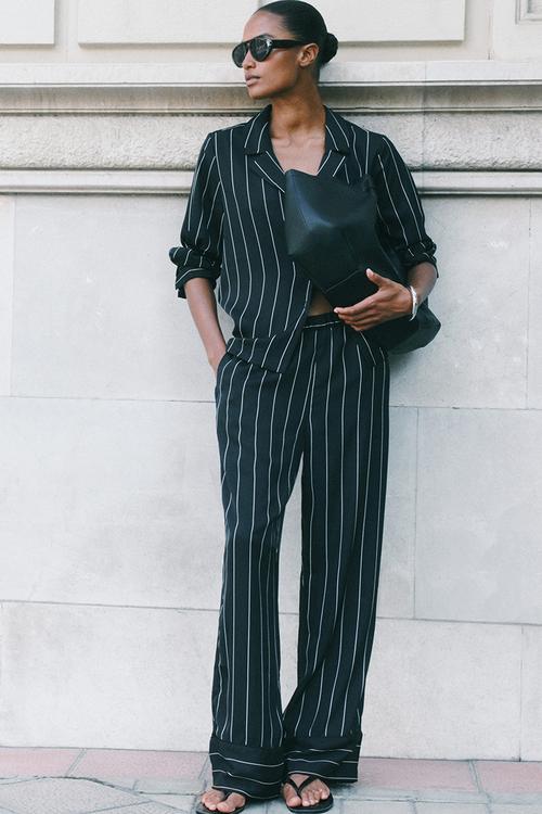 Loose-fit twill trousers - black pinstriped