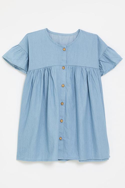 Ruffle sleeve denim dress - light blue