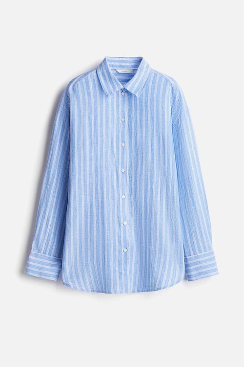 Oversized linen-blend shirt - light blue striped